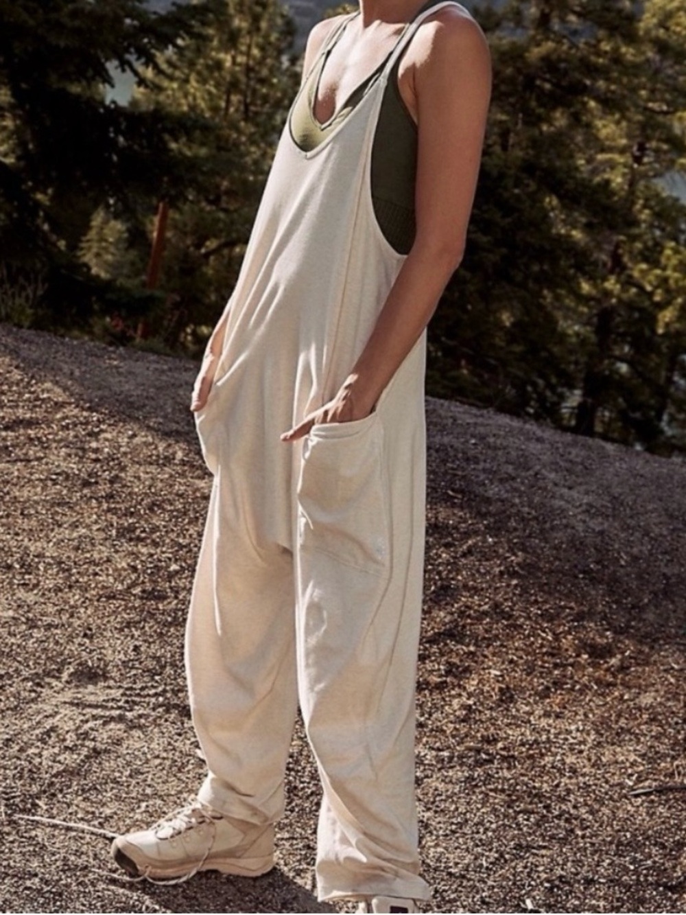 Free people FP Movement Hot Shot Jumpsuit Onesie Comfy Slouchy Sz S Light Cream
